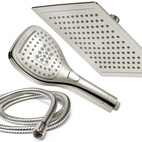 Ultra Luxury 9 Inch Rainfall Shower Head And Handheld Combo With Push Button Flow Control Satin Nickel Finish One Hand Operation Switch