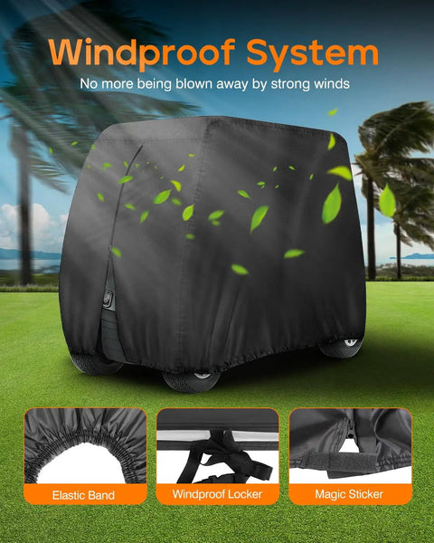4 Passenger Heavy Duty Golf Cart Cover 420D Waterproof With Extended Roof on golf cart, windproof design displayed