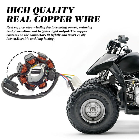 GY6 8 Pole AC Stator Ignition With Copper Windings 5 Wires 150cc shown with ATV side view and description
