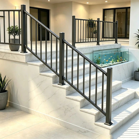 Top Shelf Deck Railing Kit For Patios And Balconies With Post 36 Inch Height And 3 Feet Wide Durable Outdoor Porch Guardrail installed on marble stairs.