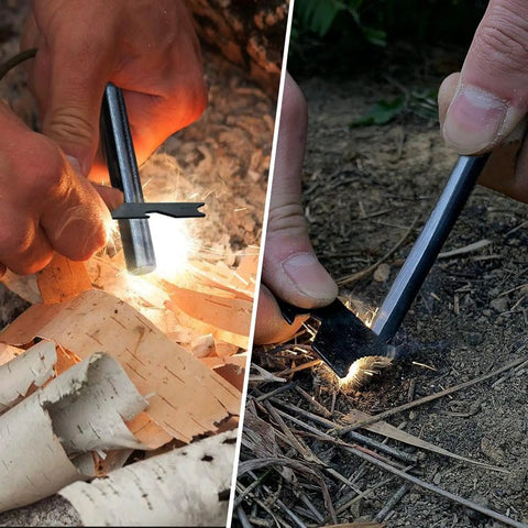 Two Pack 4 Inch Ferro Rod Fire Starter Kit With Leather Neck Lanyard And Multi Tool Striker Flint And Steel Igniter Tinder Rope For Camping Hiking And Emergency Prep All Weather Ready showing sparks igniting tinder on ground.