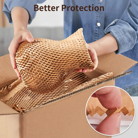 Top Shelf Honeycomb Packing Paper Stretch Roll With Extra Fragile Labels For Moving And Shipping Lightweight Cushion Wrap safely protecting a vase in a box.