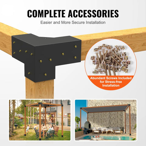 Heavy Duty 4x4 Pergola Brackets Kit with 3-Way Corner Design and screws for DIY outdoor wood projects.
