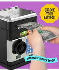 Electronic Piggy Bank For Kids With Passcode Lock And ATM Style Safe, black and silver, with money feeder and keypad