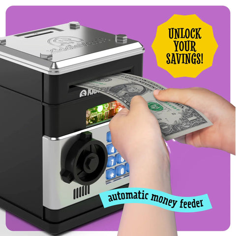 Electronic Piggy Bank For Kids With Passcode Lock And ATM Style Safe, black and silver, with money feeder and keypad