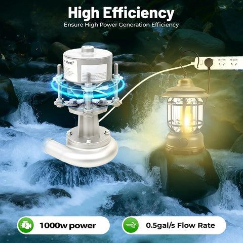 Beefy 1000W Hydro Turbine Generator For Off Grid Backup Power At Home 110V 220V shown by flowing water and lit lamp.