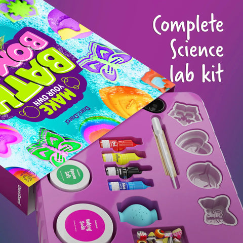 Totally Fun Bath Bomb Making Kit For Kids Turns Bath Time Into A DIY Science Class, Makes 10 Fizzy Bombs With Colorful Molds, Surprises Inside Each Bomb, Easy At Home Spa Project For Creative Play And Mess Free Fun. open kit with molds, dyes, salt, and charms