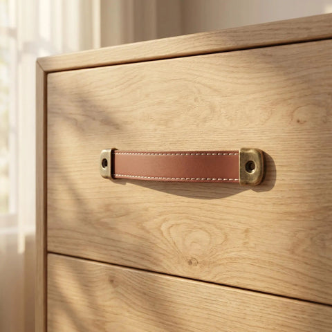 4 Pack Real Leather Cabinet Handles With Screws, brown leather strap on dresser, modern rustic style, easy install