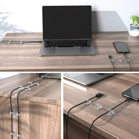 Clear Cable Clips 100 Pack Small 0.55 X 0.56 X 0.32 Inch Durable Adhesive Wire Organizer used on desk for neat cable management.