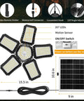 Solid Solar Motion Floodlight Featuring 267 Killer Leds And Tilt Head measures 15.5 in, includes remote holder and waterproof connector.