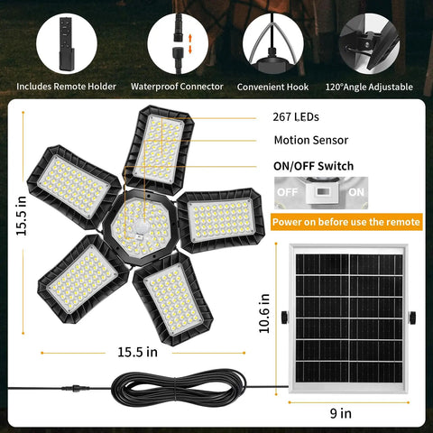 Solid Solar Motion Floodlight Featuring 267 Killer Leds And Tilt Head measures 15.5 in, includes remote holder and waterproof connector.