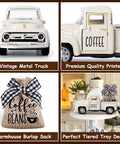 Coffee Bar Metal Truck Decor With Mini Diecast Truck Coffee Beans Burlap Sack Vintage Farmhouse Tiered Tray Accent displayed