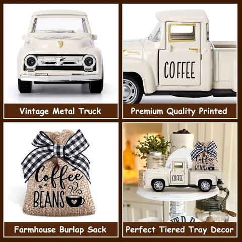 Coffee Bar Metal Truck Decor With Mini Diecast Truck Coffee Beans Burlap Sack Vintage Farmhouse Tiered Tray Accent displayed