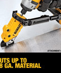 Close-up of DEWALT metal shear/cutter drill attachment with 360° pivoting head, cuts 18-ga metal (yellow/black)