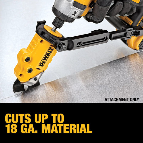 Close-up of DEWALT metal shear/cutter drill attachment with 360° pivoting head, cuts 18-ga metal (yellow/black)