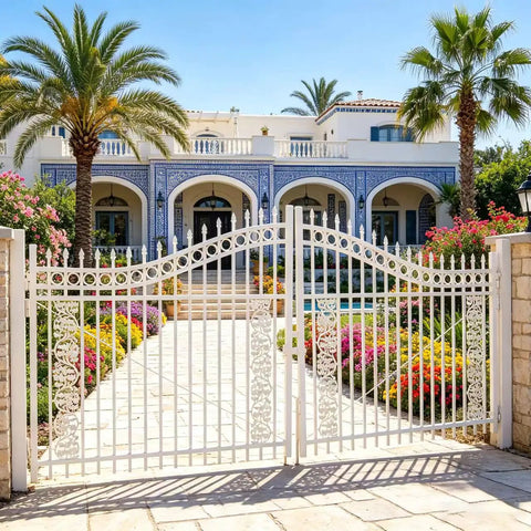 Ornate white gate in front of a villa with colorful garden and palm trees.