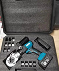 Heavy Duty 12 Ton Cordless Hydraulic Copper Terminal Crimping Tool With 21V Lithium Battery inside carrying case with jaw dies.