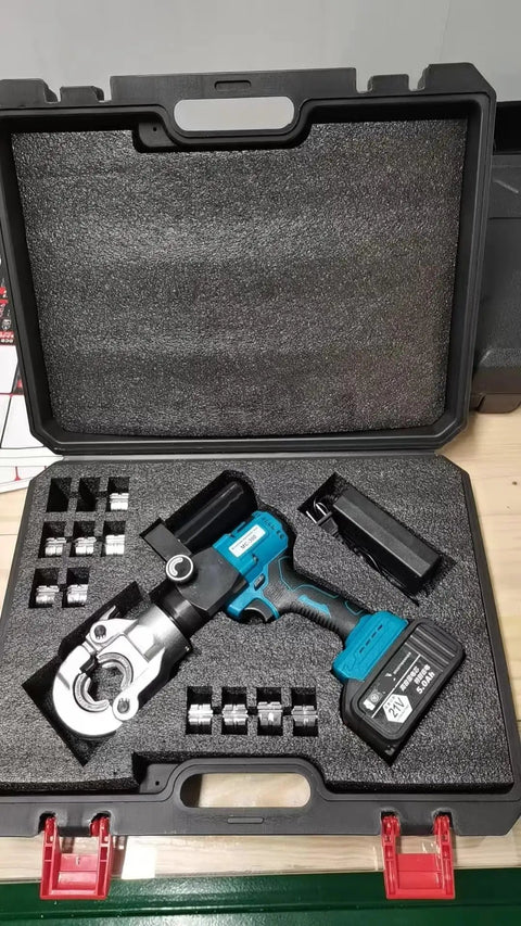 Heavy Duty 12 Ton Cordless Hydraulic Copper Terminal Crimping Tool With 21V Lithium Battery inside carrying case with jaw dies.
