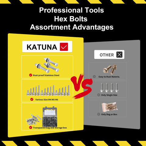 Front view of Katuna 304 stainless bolt and nut kit in yellow box; includes M4–M6 bolts, washers, storage case.