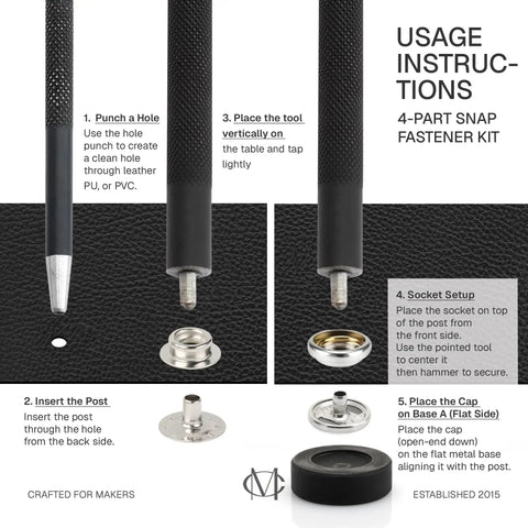 Usage instructions for 4-part snap fastener kit with tools and components for Antique Brass Snap Fasteners 15Mm Heavy Duty Ring Socket Snaps Pack Of 10 Color Plated Solid Brass Press Stud Poppers For Crafts Leatherwork Bags And DIY Projects