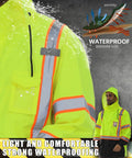 Close-up of Kickass High Visibility Safety Rain Jacket For Men And Women With Breathable Mesh Lining And Full Reflective Strips Lightweight Waterproof Work Gear Tough As Nails Protection featuring reflective strips and water repellent material.