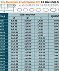 580 Piece Aluminum Crush Washer Set With 18 Sizes M6 To M24 chart showing size specifications and quantities