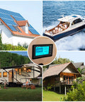Rugged Battery Monitor With Shunt For 12V Rigs Up To 500A, shown with RV, boat, solar home, cabin applications