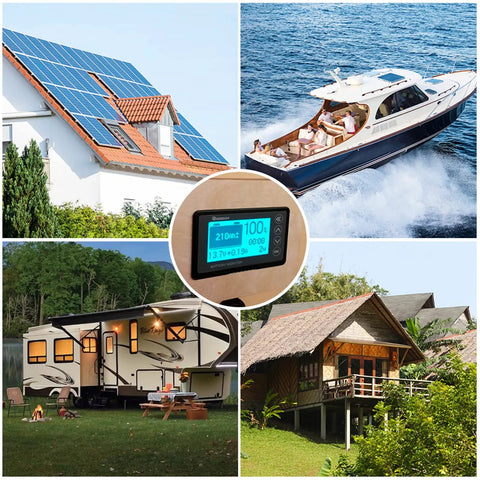 Rugged Battery Monitor With Shunt For 12V Rigs Up To 500A, shown with RV, boat, solar home, cabin applications