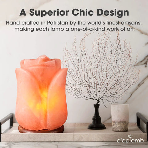 Hand Carved Himalayan Salt Lamp With Rose Crystal Rock Salt From The Himalayan Mountains Authentic Crystal Lamp Dimmer Cord With Pink Flower Accent For Cozy Vibe And Relaxing Ambience on table