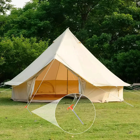 Beefy Heavy Duty Tent Stakes 7 Inches 10 Pack Rust Proof Galvanized Steel Ground Pegs securing tent with high visibility orange cap