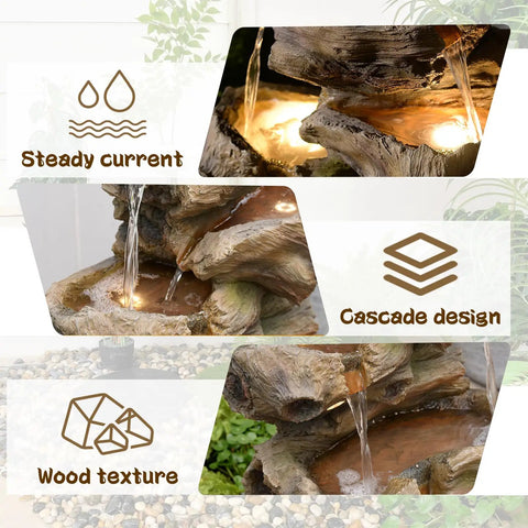 Outdoor Water Fountain With 5 Tiers Cascade Design Realistic Tree Trunk Style LED Lights featuring wood texture and steady current