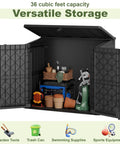 36 Cu Ft Weatherproof Outdoor Storage Cabinet With Dual Lockable Doors And Floor For Garage Patio Backyard Featuring Foot Operated Latch And Pre Drilled Locking Holes In Black, open showing stored garden tools and sports equipment.