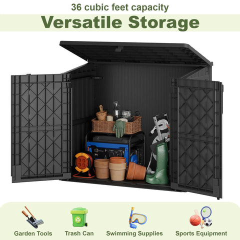36 Cu Ft Weatherproof Outdoor Storage Cabinet With Dual Lockable Doors And Floor For Garage Patio Backyard Featuring Foot Operated Latch And Pre Drilled Locking Holes In Black, open showing stored garden tools and sports equipment.
