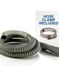 Six Foot Heavy Duty Washing Machine Drain Hose With Clamp For Universal Fit Up To One And One Quarter Inch Outlets Tough As Nails Built To Last Durable Industrial Grade Polypropylene Laundry Drain Line with included hose clamp visible.