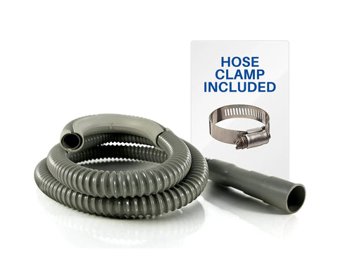 Six Foot Heavy Duty Washing Machine Drain Hose With Clamp For Universal Fit Up To One And One Quarter Inch Outlets Tough As Nails Built To Last Durable Industrial Grade Polypropylene Laundry Drain Line with included hose clamp visible.
