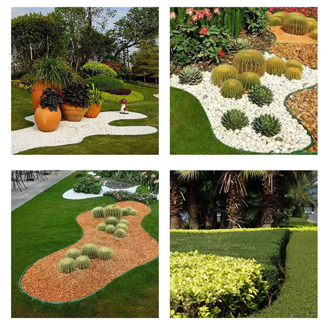 40 Ft Garden Landscape Edging Kit With 40 Spikes Black 2 Inch Tall Paver Edging around diverse garden beds and pathways.