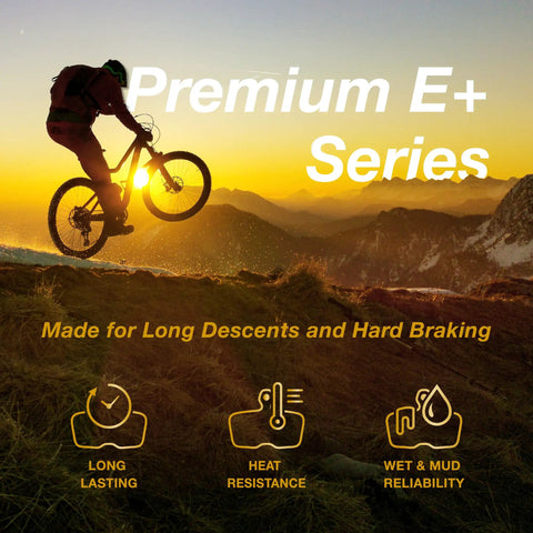 Cyclist riding at sunset highlighting Disc Brake Pads For Electric Bikes And E MTB Beefed Up Braking Long Lasting Premium E Plus Version
