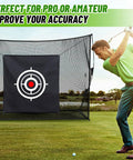Golfer using 5x5 Ft Golf Target Cloth For Net Replacement With 4 Straps Indoor Outdoor Hitting Target For Practice And Training Aids High Visibility Center Circle 2 Point 4 By 2 Point 4 Feet Easy Mount on net, outdoors.