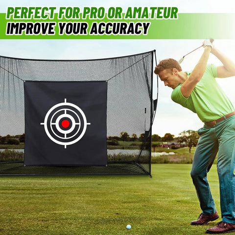 Golfer using 5x5 Ft Golf Target Cloth For Net Replacement With 4 Straps Indoor Outdoor Hitting Target For Practice And Training Aids High Visibility Center Circle 2 Point 4 By 2 Point 4 Feet Easy Mount on net, outdoors.
