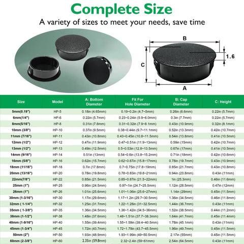 Size chart for 2 Inch Plastic Hole Plugs Flush Type Panel Snap In Locking Door Shelf Hole Cover For Round Drilling Holes Cabinet Cupboard Shelves End Caps Black Set Of 4