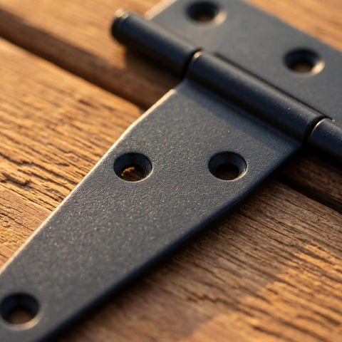 Heavy Duty 2 Inch T Hinges With 36 Screws For Outdoor Use Black T Strap Hinges For Wooden Fence Shed Doors Barn Doors Gate Hardware Ideal For Outdoor Projects close-up on wood