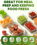 60 Piece Leak Proof Food Storage Set With Lids BPA Free Plastic Containers For Kitchen Organization featuring various foods.