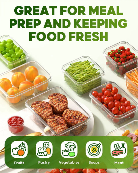 60 Piece Leak Proof Food Storage Set With Lids BPA Free Plastic Containers For Kitchen Organization featuring various foods.