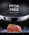 Hybrid 12 Inch Wok Pan With Lid For Easy Stir Fry PFOA Free Nonstick Stainless Steel induction ready, showing close-up of surface with steak