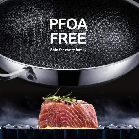 Hybrid 12 Inch Wok Pan With Lid For Easy Stir Fry PFOA Free Nonstick Stainless Steel induction ready, showing close-up of surface with steak