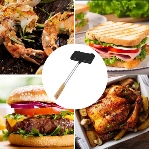 Oukens Non Stick Cast Iron Double Pie Iron Portable Campfire Press With Removable Handles For Grill Stove Mountain Cooking Adventure Gear next to grilled shrimp, sandwich, burger, and roasted chicken.