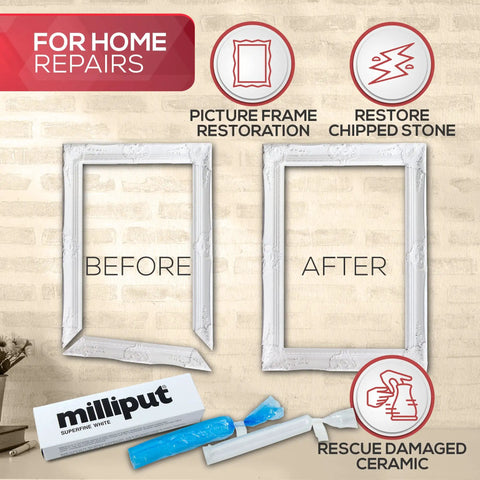 Superfine White Epoxy Putty Kit for Quick DIY Fixes shown with restored picture frame and accessories for ceramic repairs.