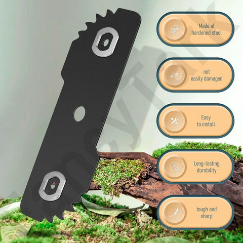 Two Pack EB 007 Seven And A Half Inch Edge Hog Built Tough Edger Replacement Blade For Black And Decker 2 In 1 LE750 LE710 LE760 EH1000 With Four Wear Indicators, shown on display with text highlights on durability and material.