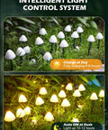 Sun Powered Mushroom String Lights, 20 LED Over 32.8 Feet Of Outdoor Waterproof Pathway Lighting shown day and night