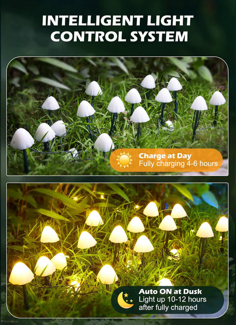 Sun Powered Mushroom String Lights, 20 LED Over 32.8 Feet Of Outdoor Waterproof Pathway Lighting shown day and night